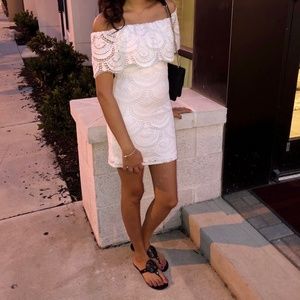 AQUA Ruffle Trim Off The Shoulder BodyCon Lace Dress